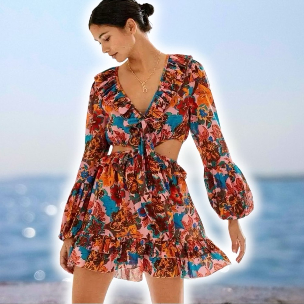 NWOT Love The Label ‘Nadia’ Front-Tie Ruffle Mini Dress in Pink Size Medium - Picture 1 of 16